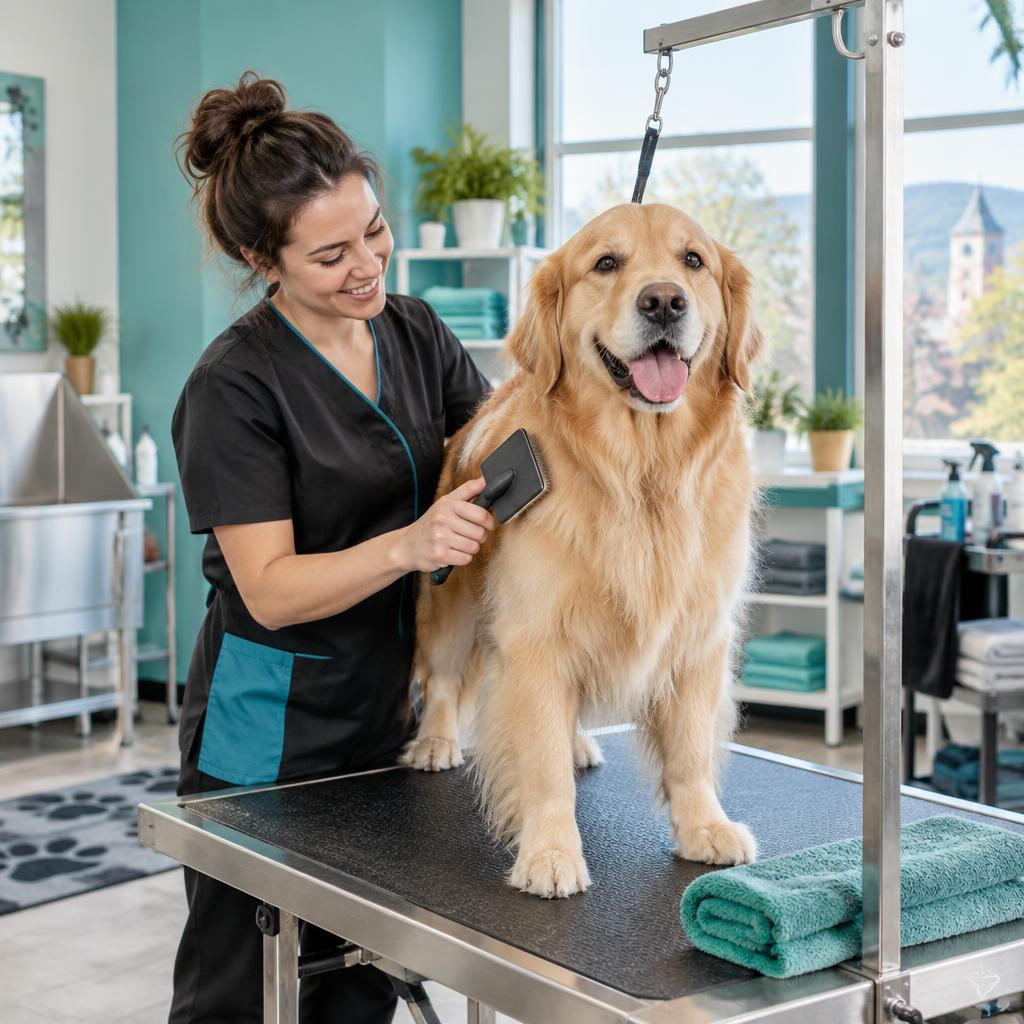A golden retriever being gently brushed in a bright grooming studio